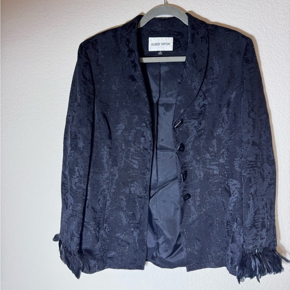 Albert Nipon Women’s Black with Silver Specks Textured Jacket Feather Cuffs 8 - Picture 1 of 10